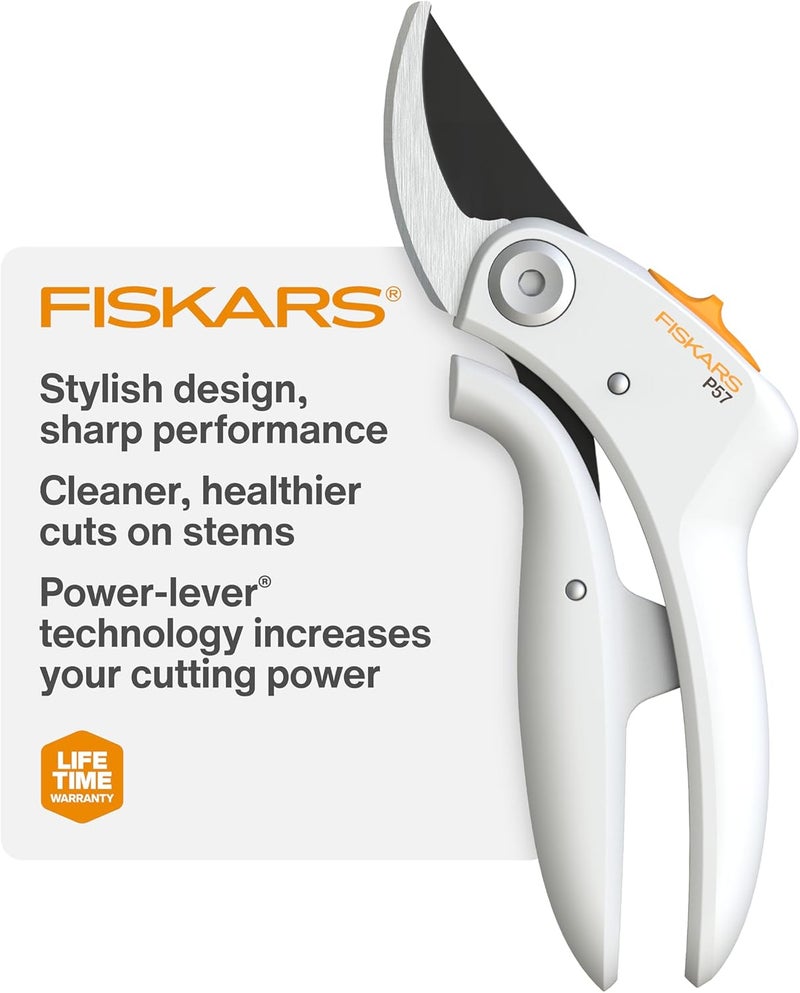 Fiskars مقص بypass مع PowerLever، مقصات حديقة خفيفة الوزن، أبيض - Image 1